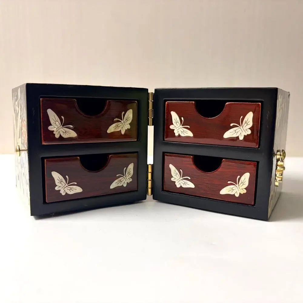 Vintage Asian Mother of Pearl Black Laquer Wood Jewelry Box Hinged AS IS
